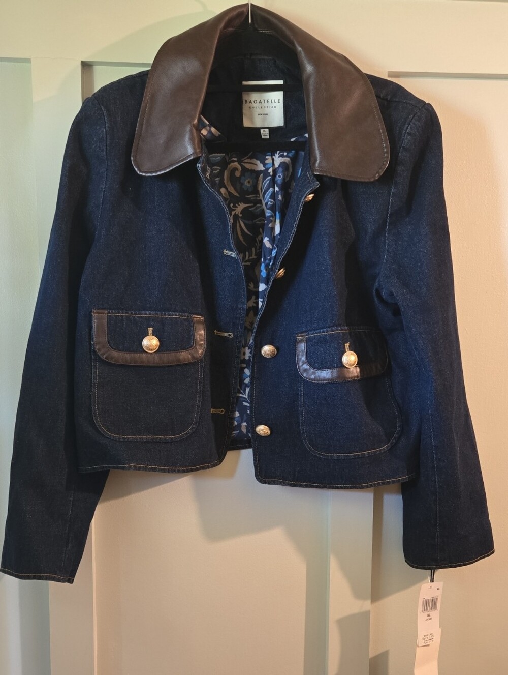 bagatelle Navy Denim Jacket with Brown Leather Collar